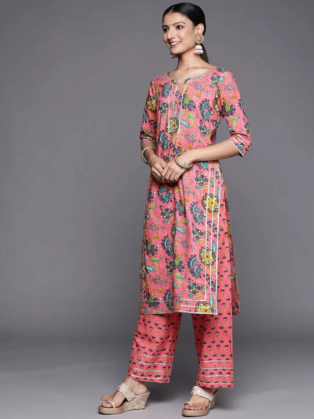 Pink Printed Cotton Straight Suit Set - Libas