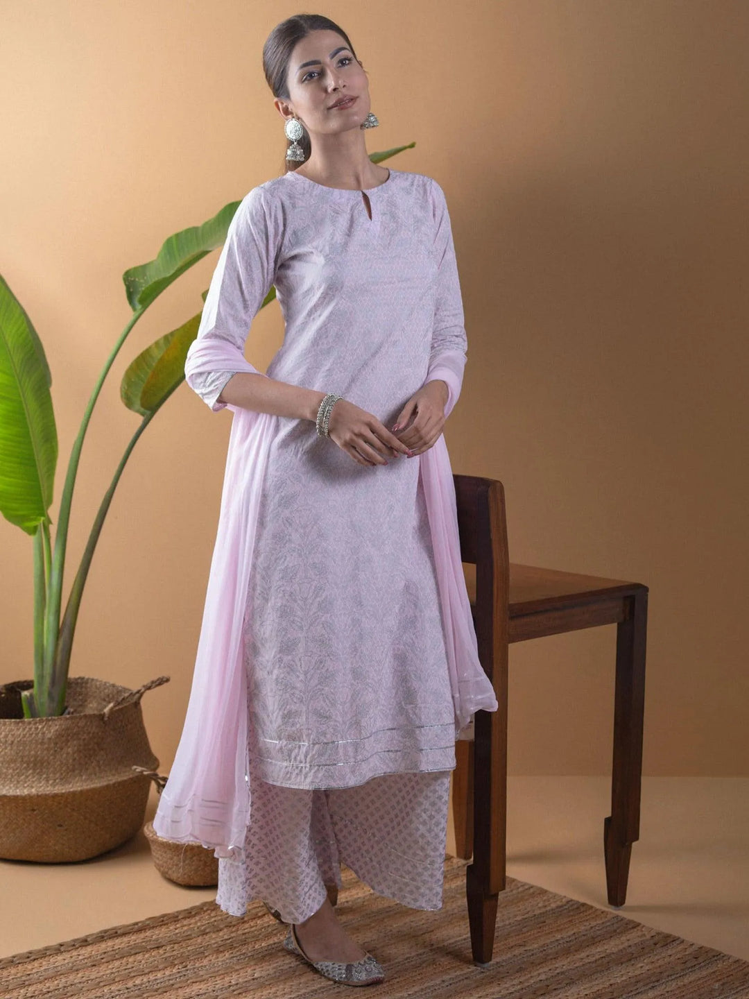 Pink Printed Cotton Suit Set - Libas 