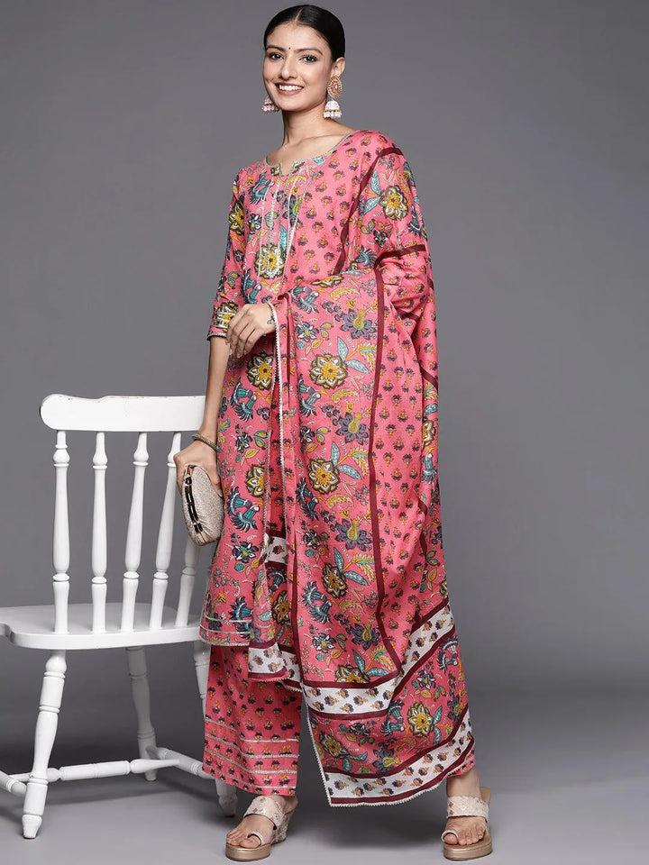 Pink Printed Cotton Straight Suit Set - Libas