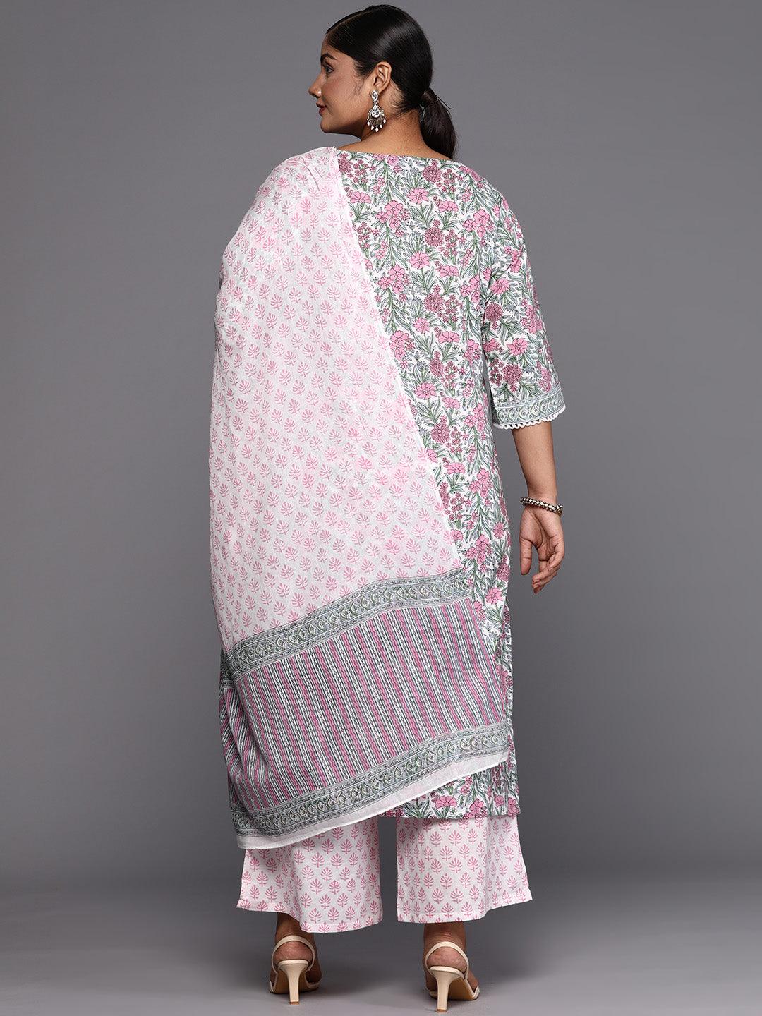 Plus Size Pink Printed Cotton Straight Suit With Dupatta