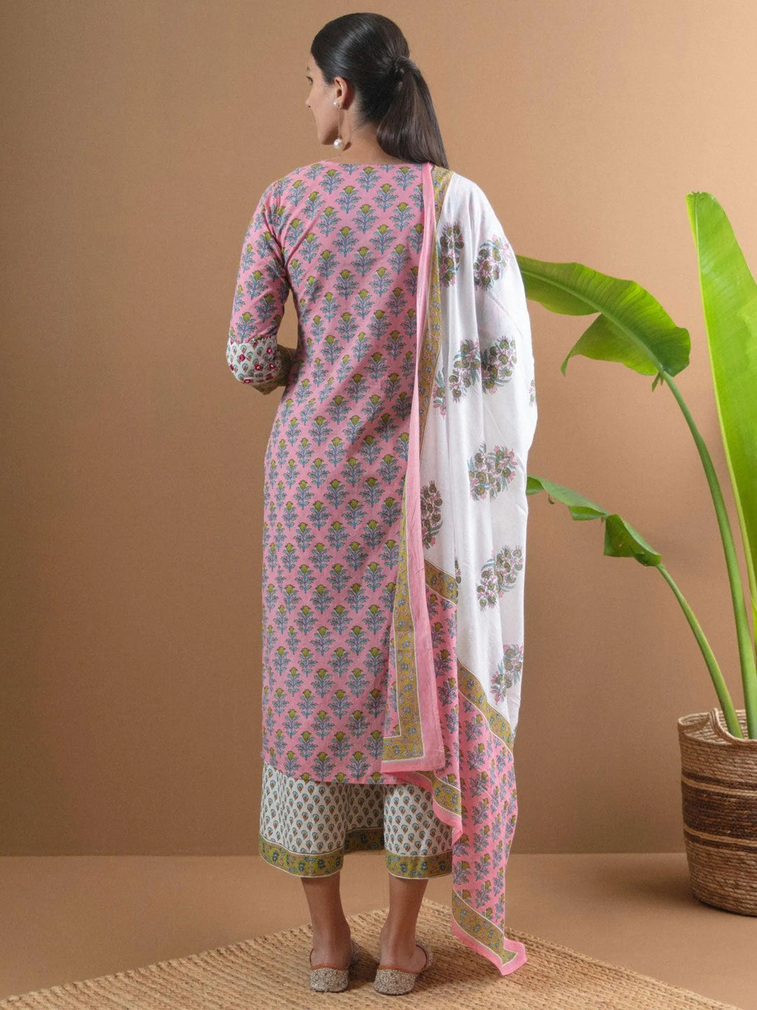 Pink Printed Cotton Suit Set With Mask - Libas