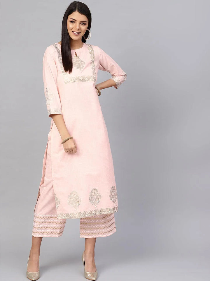 Pink Printed Cotton Kurta Set - Libas