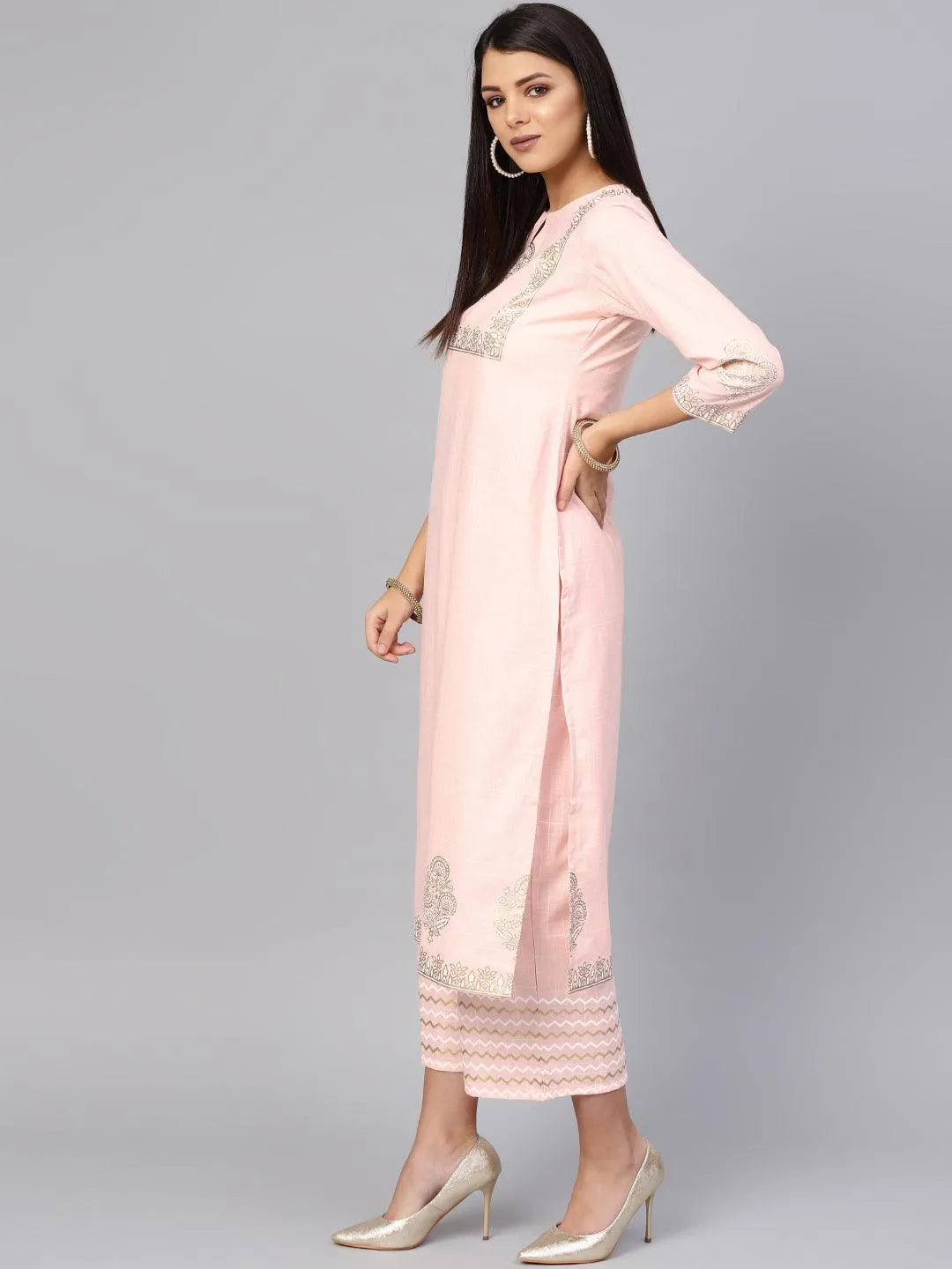 Pink Printed Cotton Kurta Set - Libas