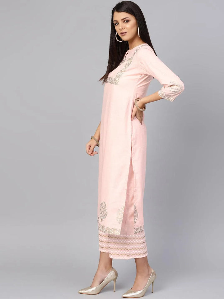 Pink Printed Cotton Kurta Set - Libas