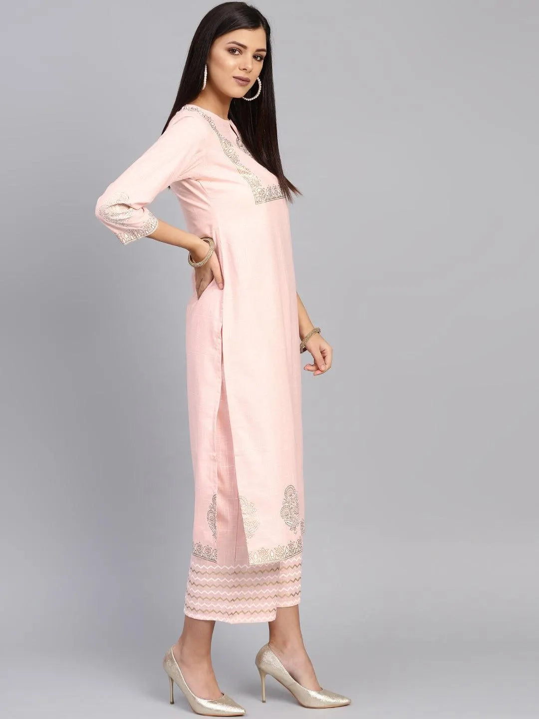 Pink Printed Cotton Kurta Set - Libas