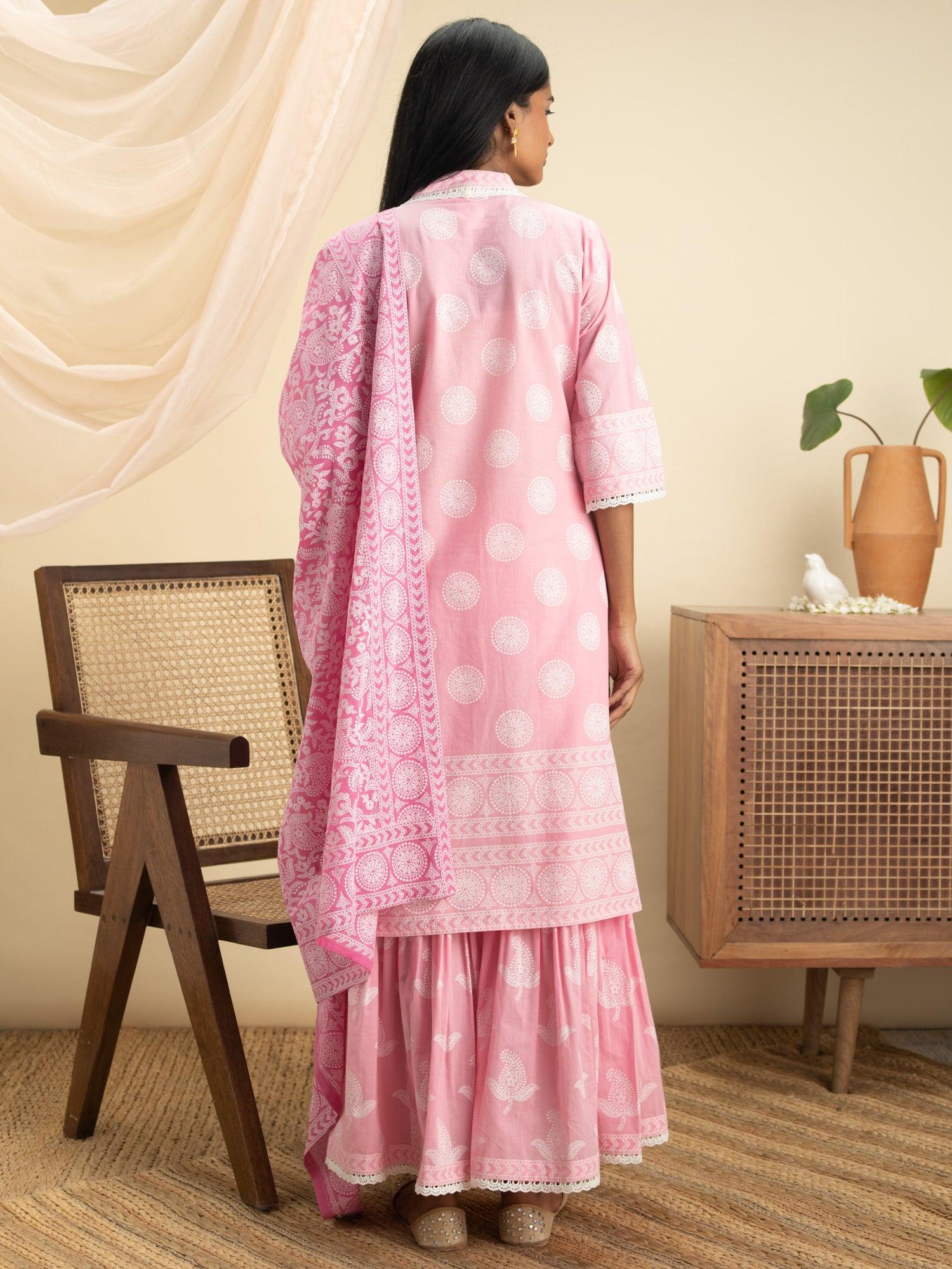 Pink Printed Cotton Straight Kurta With Sharara & Dupatta