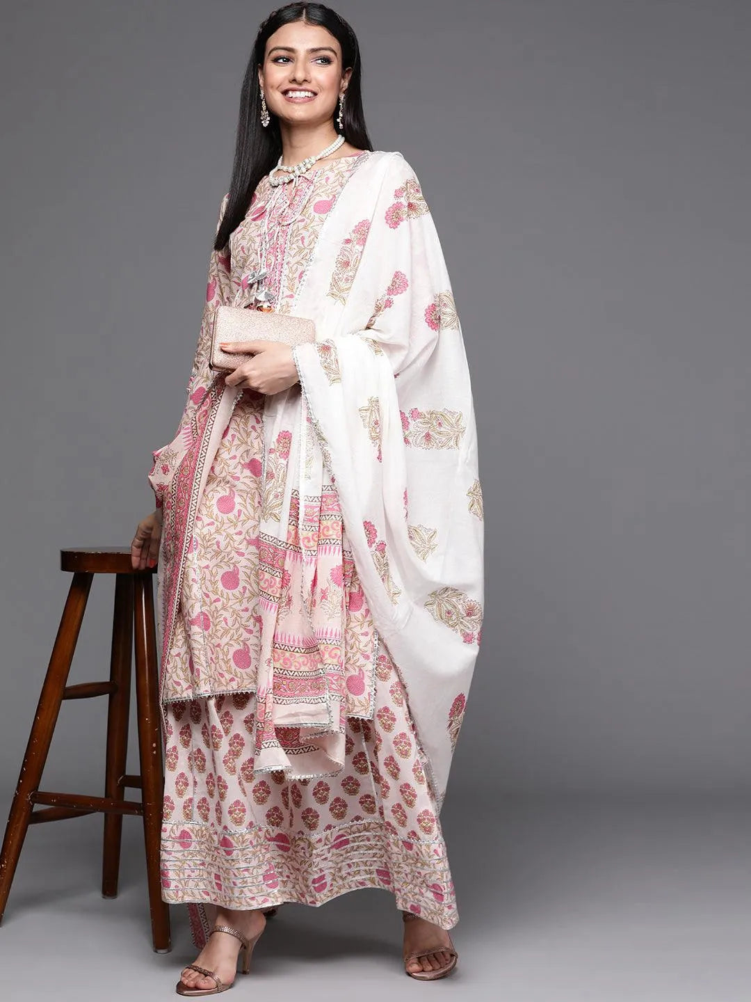 Pink Printed Cotton Suit Set - Libas 