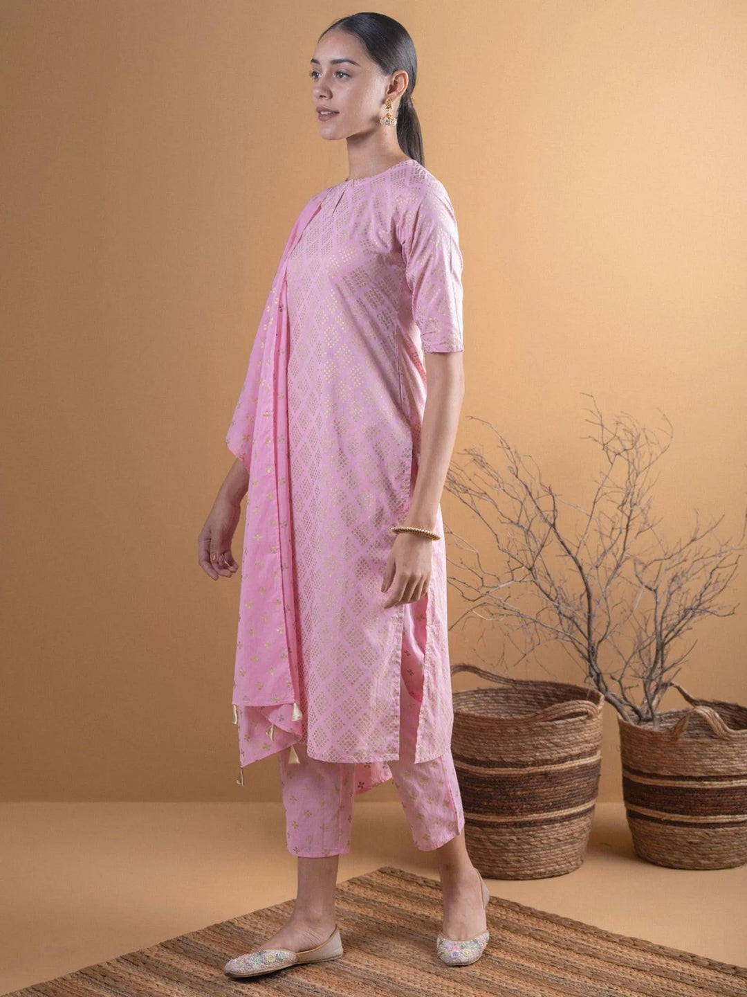 Pink Printed Cotton Suit Set - Libas 