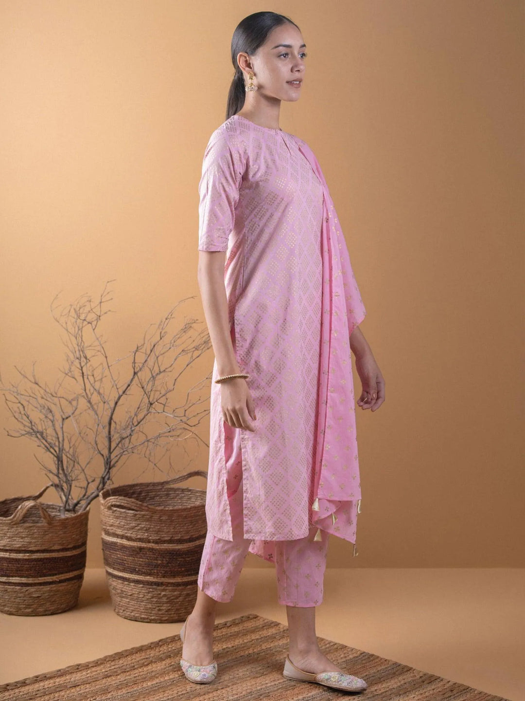 Pink Printed Cotton Suit Set - Libas 