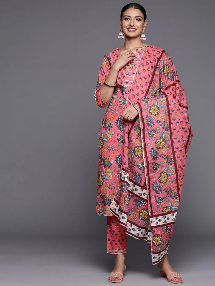 Pink Printed Cotton Straight Suit Set - Libas