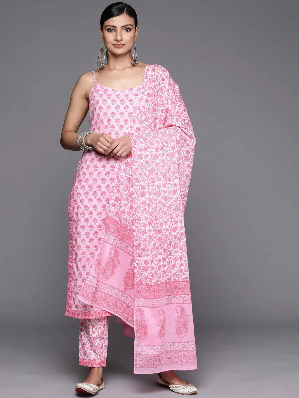 Buy White Printed Cotton Straight Kurta With Salwar & Dupatta Online at  Rs.1589