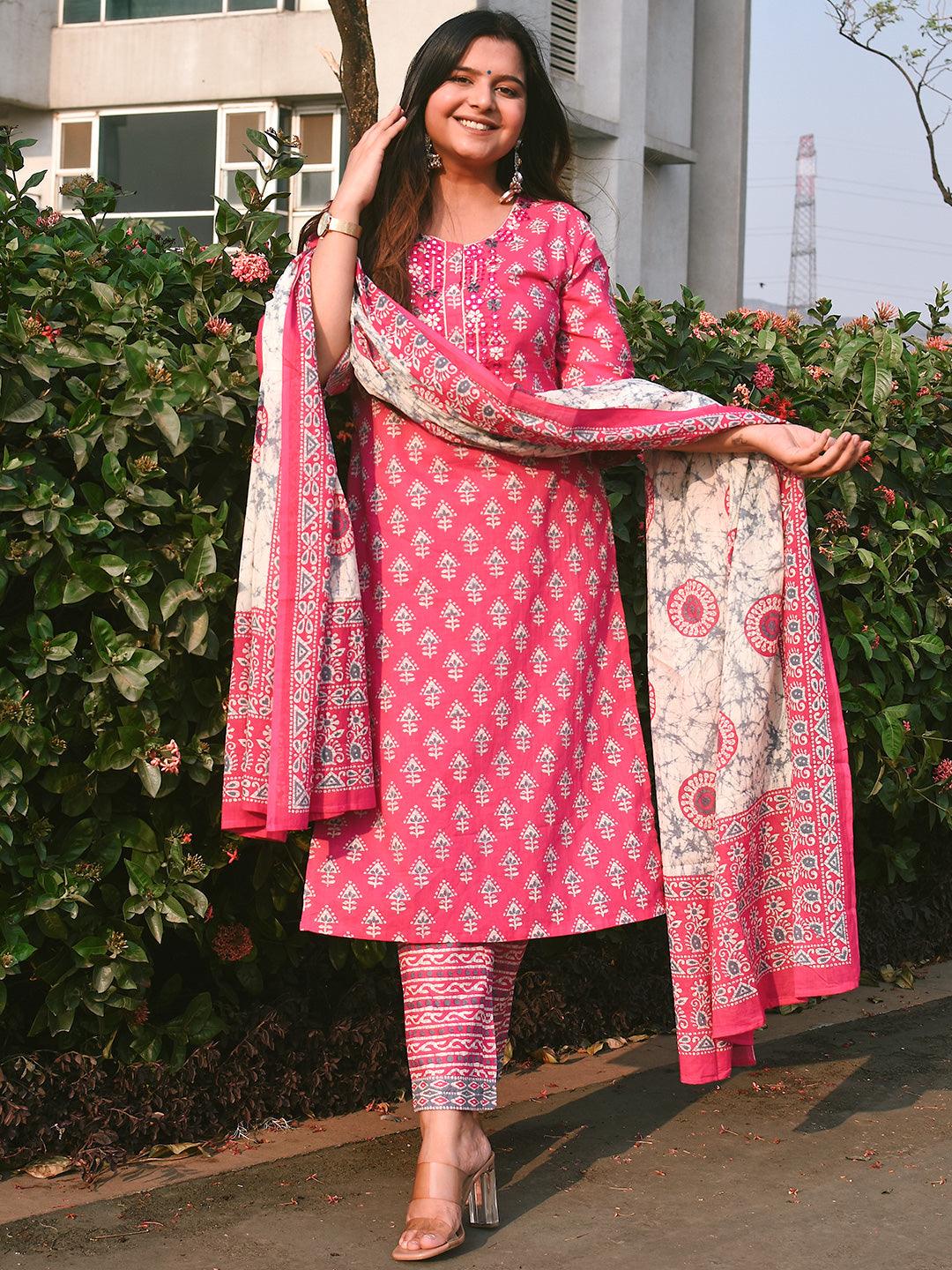 Pink Printed Cotton Straight Suit Set With Trousers - Libas 