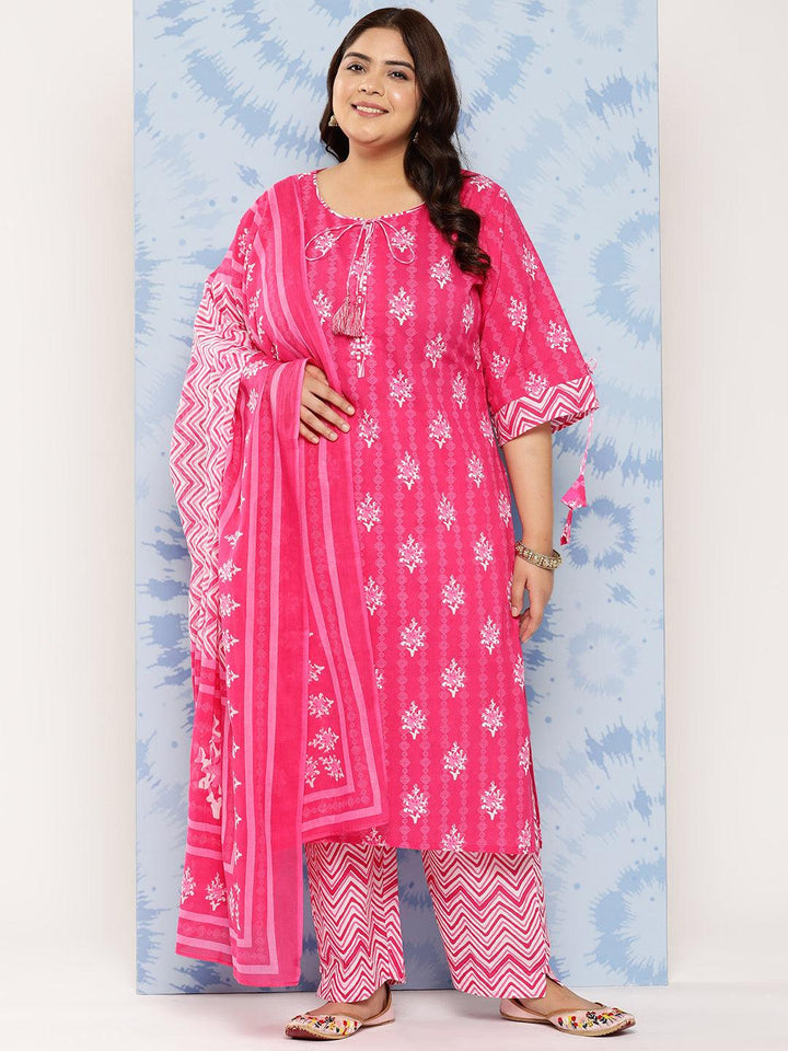 Pink Printed Cotton Straight Kurta With Trousers and Dupatta - Libas