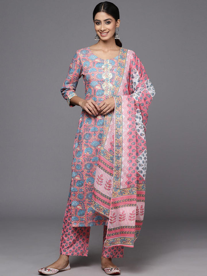 Pink Printed Cotton Straight Kurta With Trousers & Dupatta - Libas