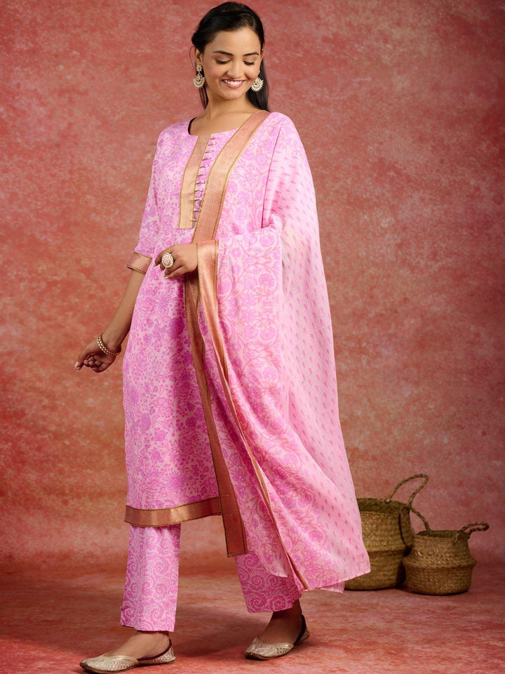 Pink Printed Cotton Straight Kurta With Trousers & Dupatta - Libas