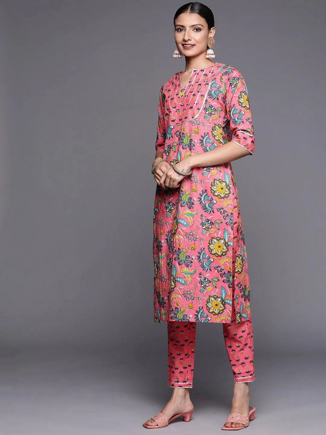 Pink Printed Cotton Straight Suit Set - Libas