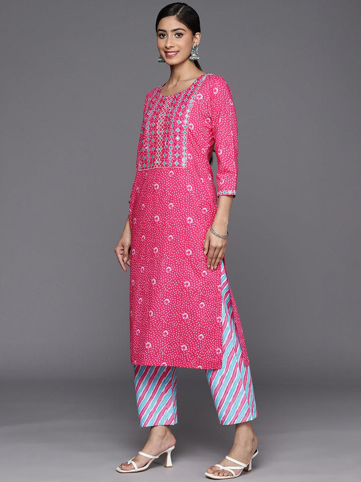 Pink Printed Cotton Straight Suit Set With Trousers - Libas