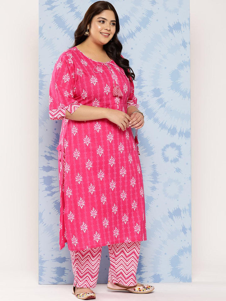 Pink Printed Cotton Straight Kurta With Trousers and Dupatta - Libas