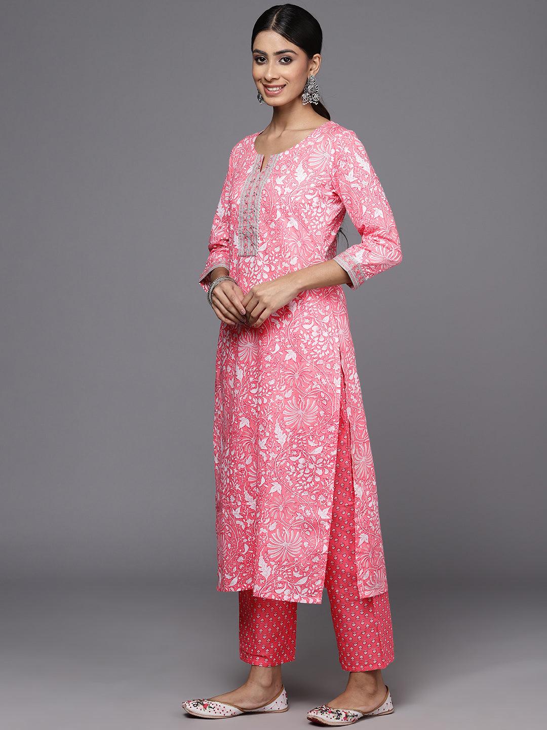 Pink Printed Cotton Straight Kurta With Trousers & Dupatta - Libas