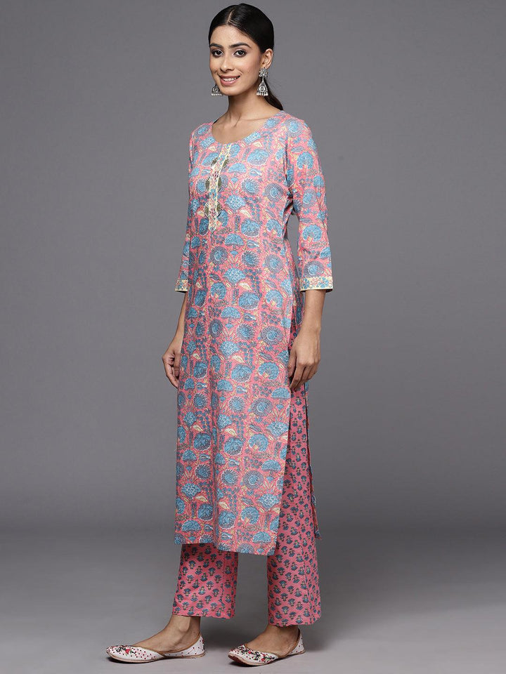 Pink Printed Cotton Straight Kurta With Trousers & Dupatta - Libas