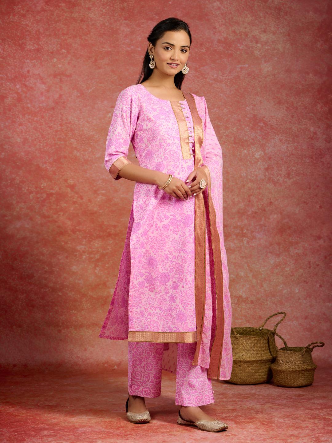 Pink Printed Cotton Straight Kurta With Trousers & Dupatta - Libas