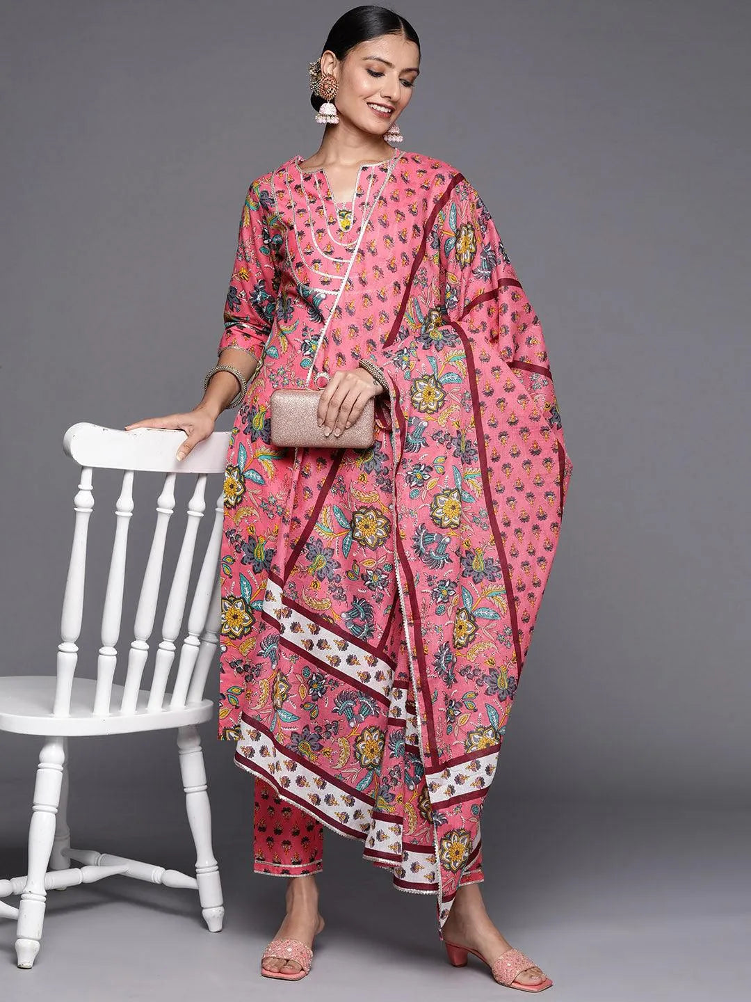 Pink Printed Cotton Straight Suit Set - Libas