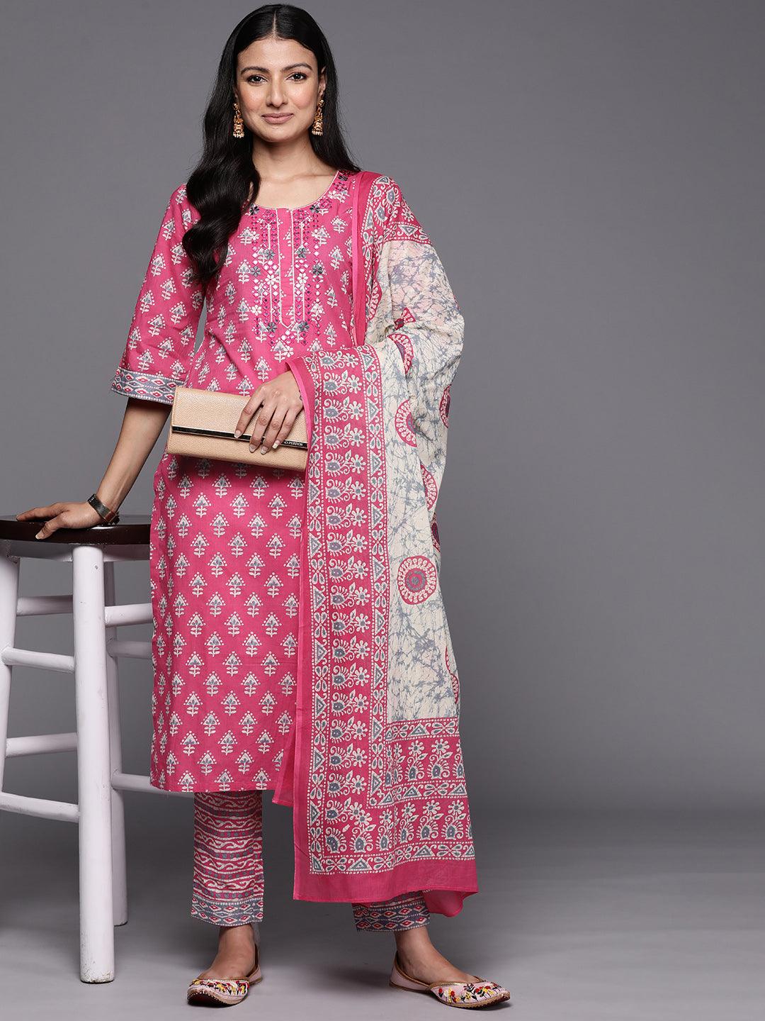 Pink Printed Cotton Straight Suit Set With Trousers - Libas 