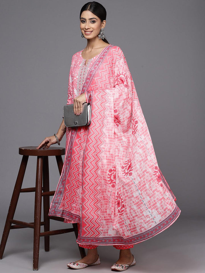 Pink Printed Cotton Straight Kurta With Trousers & Dupatta - Libas