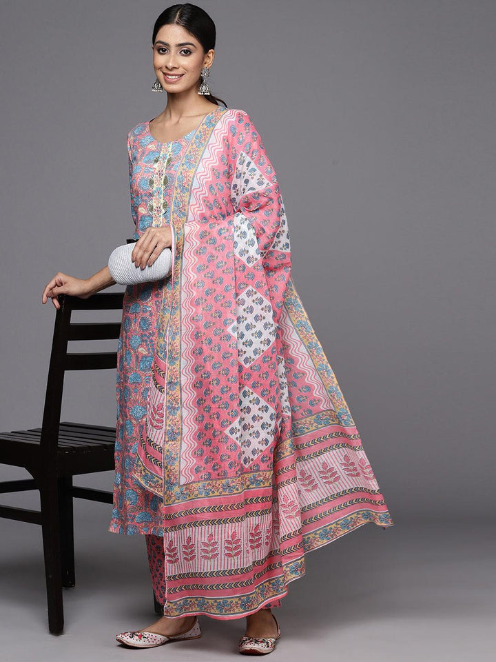 Pink Printed Cotton Straight Kurta With Trousers & Dupatta - Libas