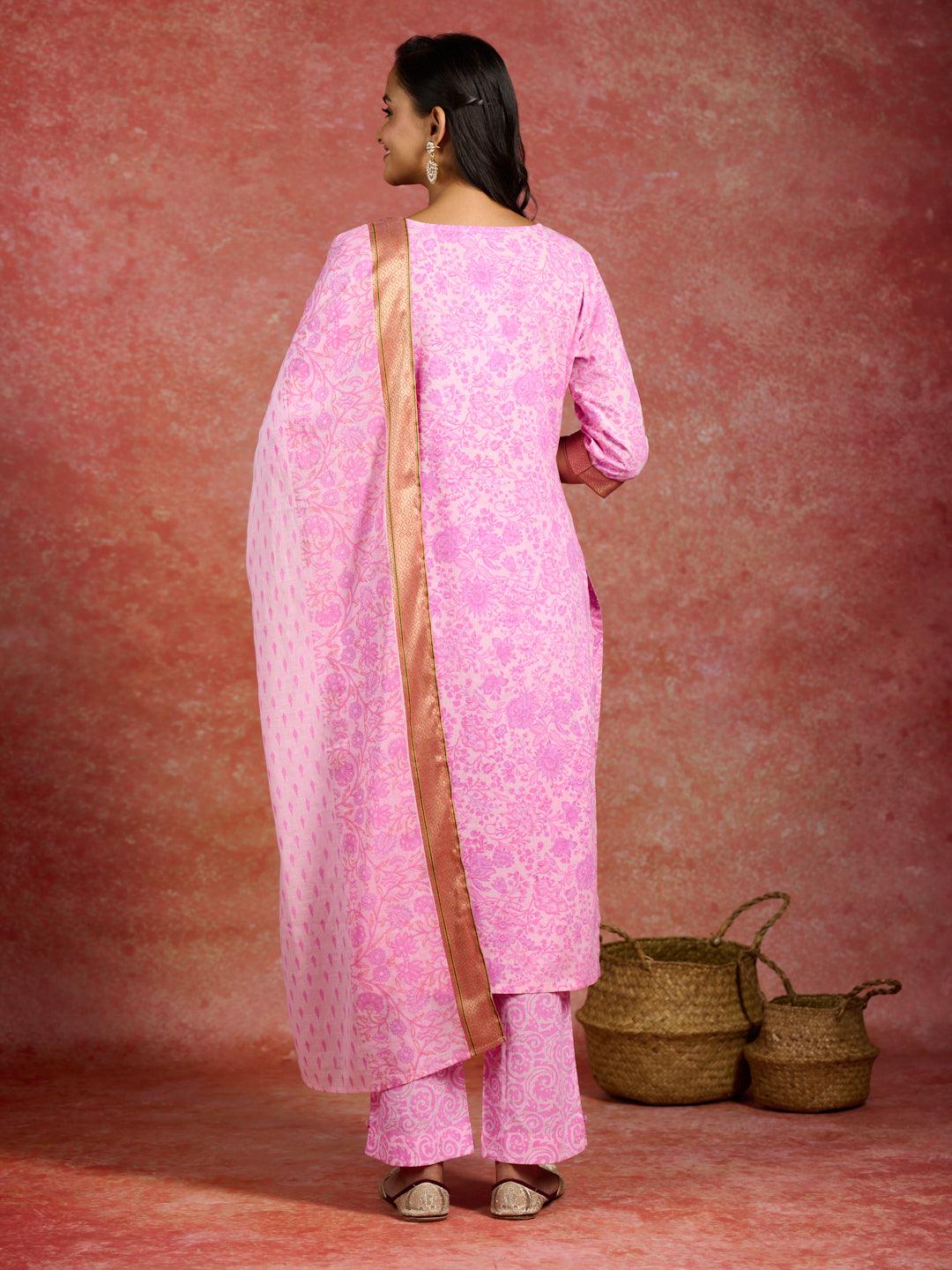 Pink Printed Cotton Straight Kurta With Trousers & Dupatta - Libas