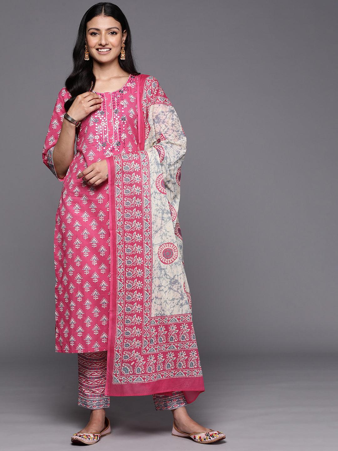 Pink Printed Cotton Straight Suit Set With Trousers - Libas