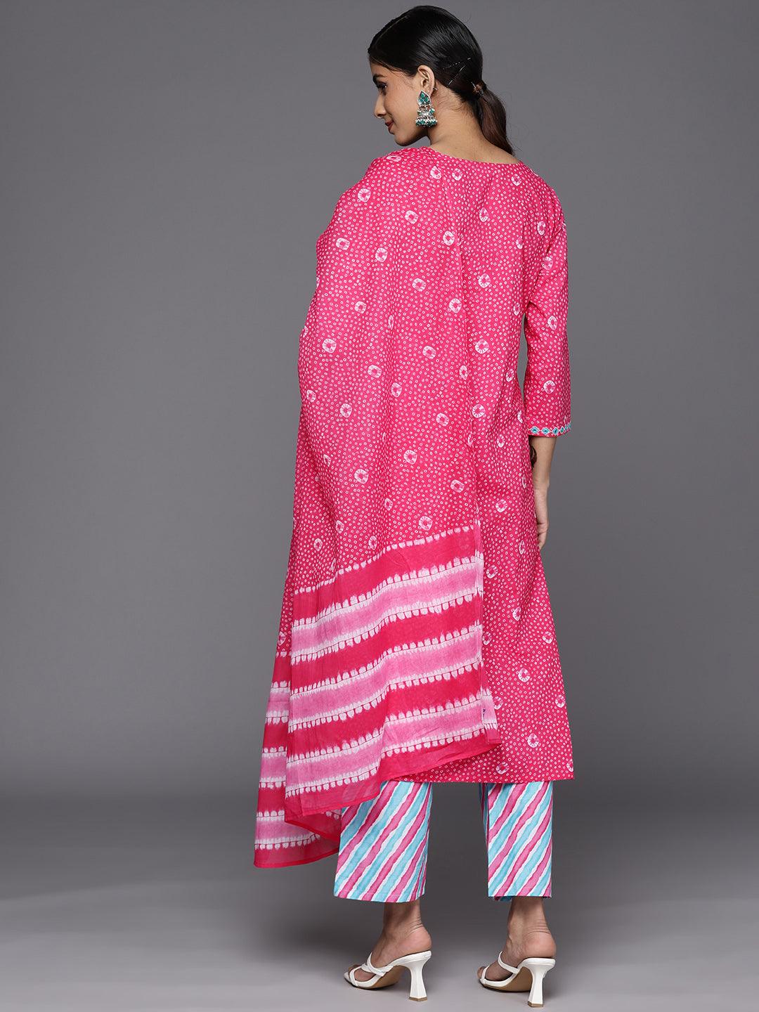 Pink Printed Cotton Straight Suit Set With Trousers - Libas