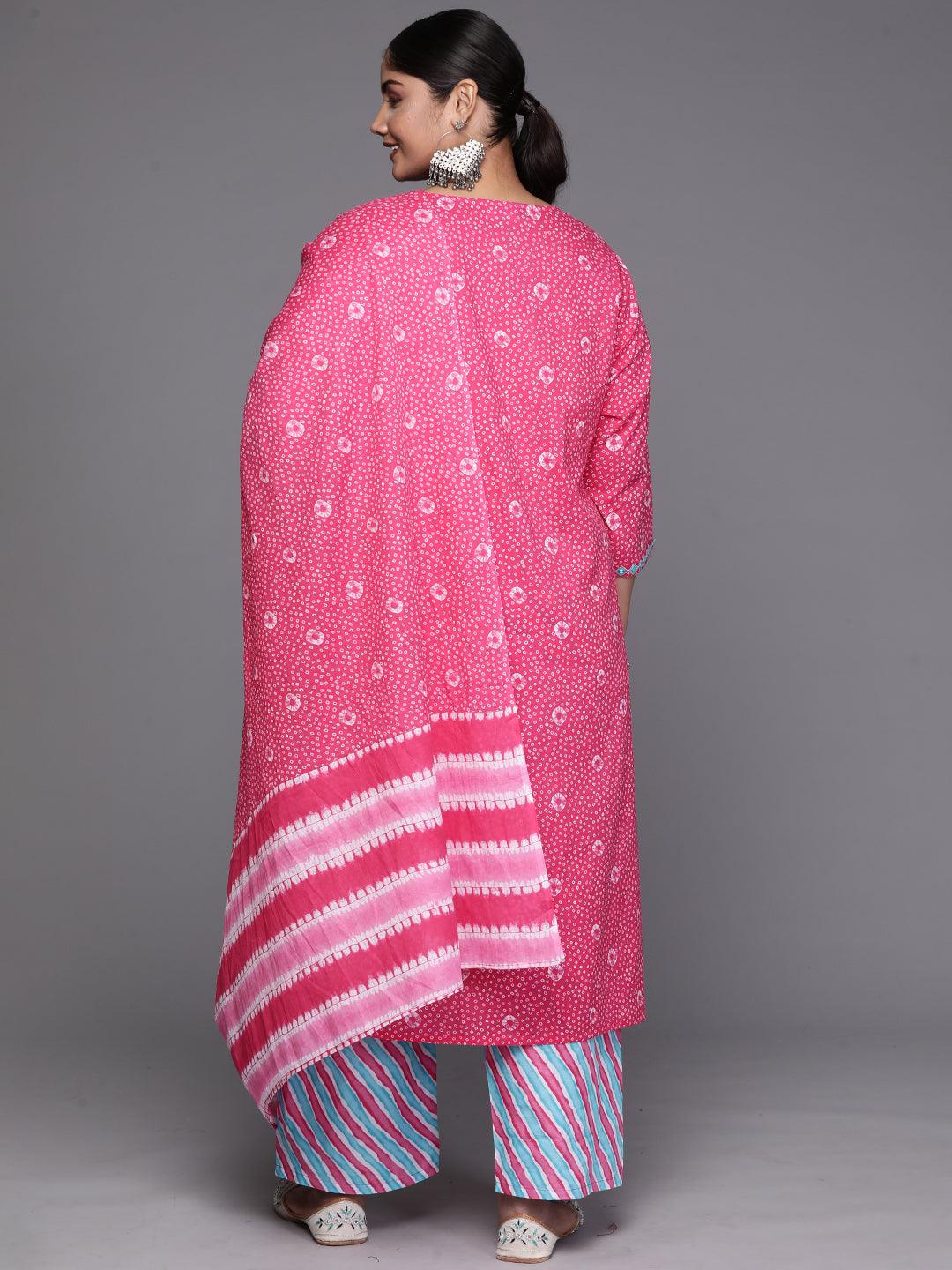 Pink Printed Cotton Straight Kurta With Trousers and Dupatta - Libas