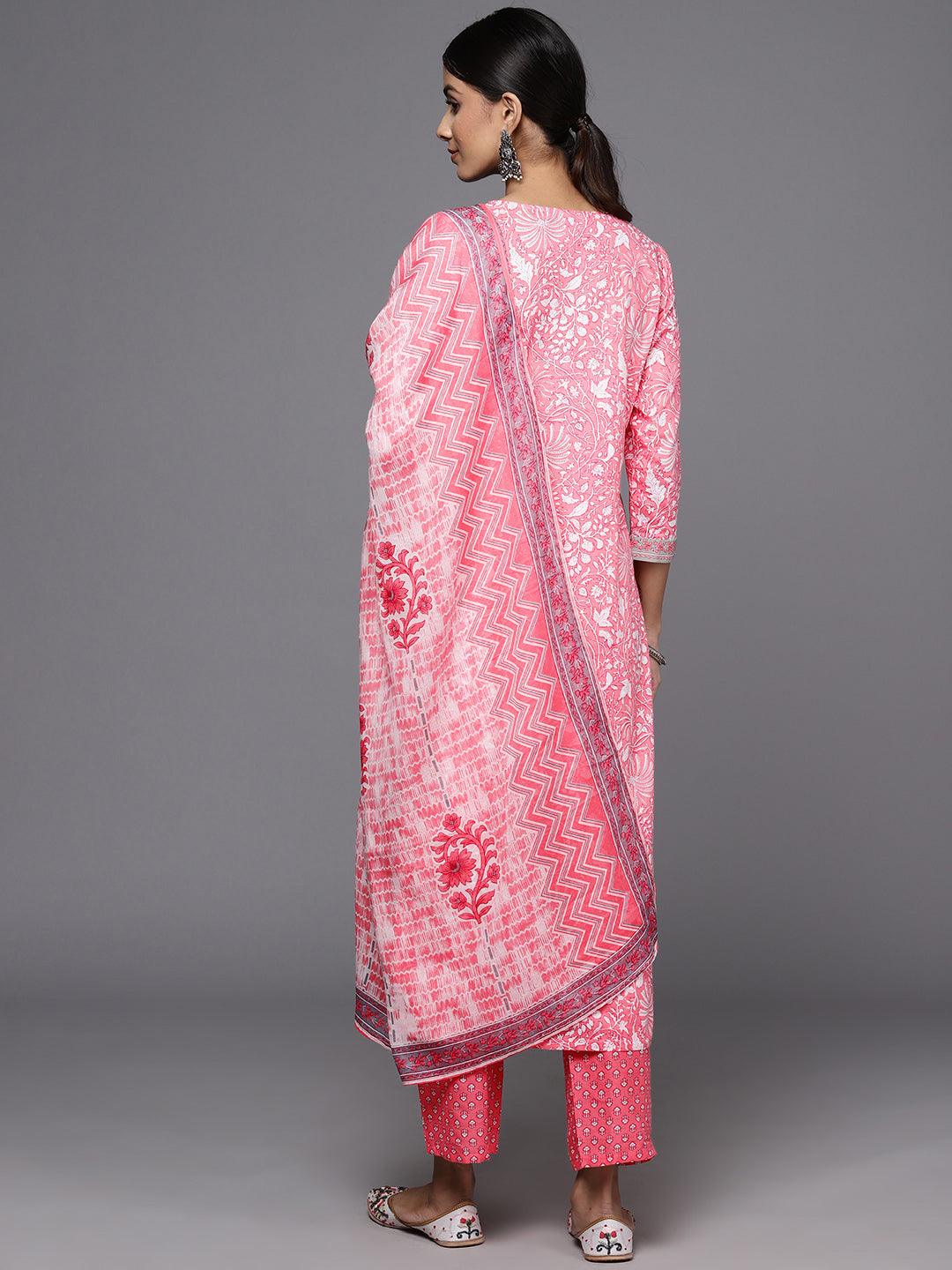 Pink Printed Cotton Straight Kurta With Trousers & Dupatta - Libas