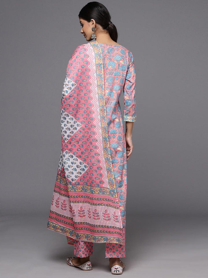 Pink Printed Cotton Straight Kurta With Trousers & Dupatta - Libas