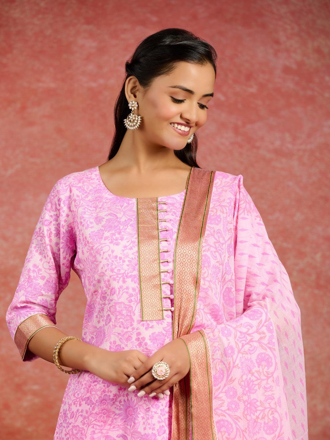 Pink Printed Cotton Straight Kurta With Trousers & Dupatta - Libas