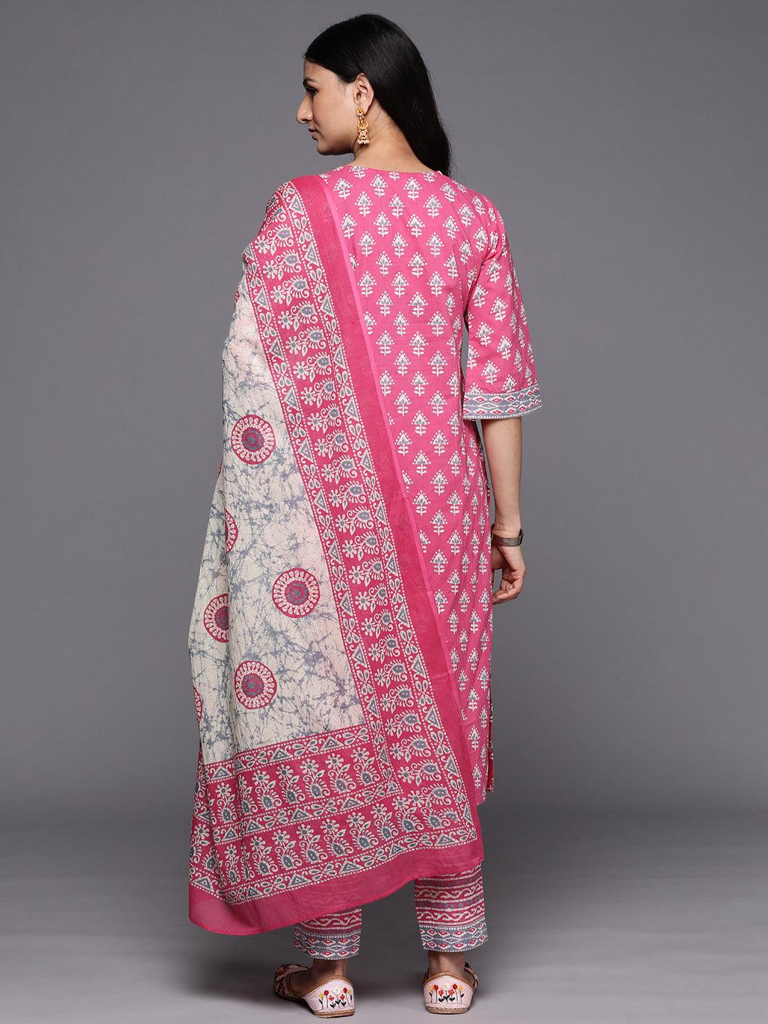 Pink Printed Cotton Straight Suit Set With Trousers - Libas 