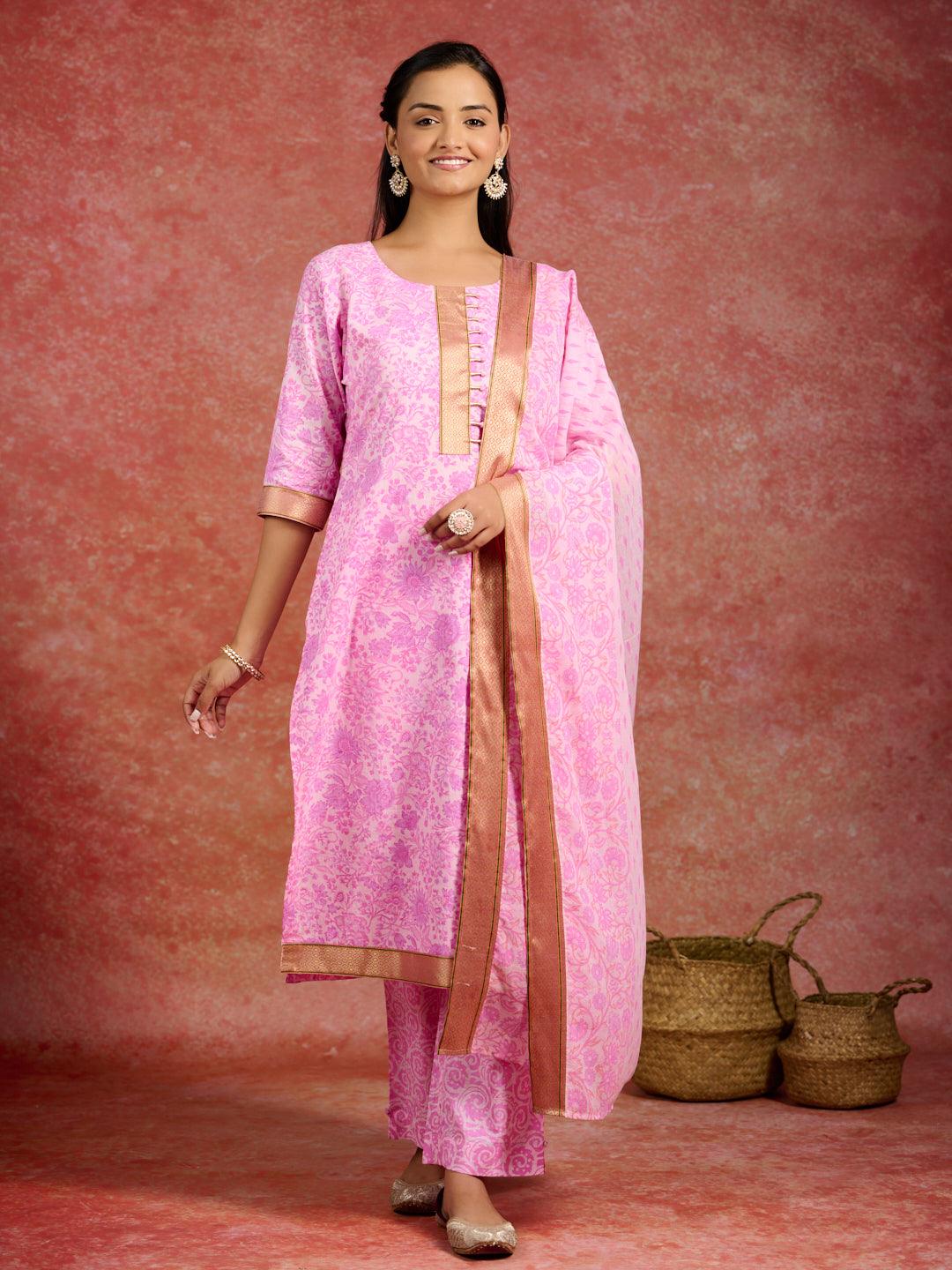 Pink Printed Cotton Straight Kurta With Trousers & Dupatta - Libas