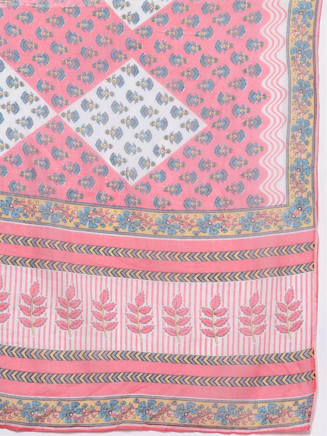 Pink Printed Cotton Straight Kurta With Trousers & Dupatta - Libas