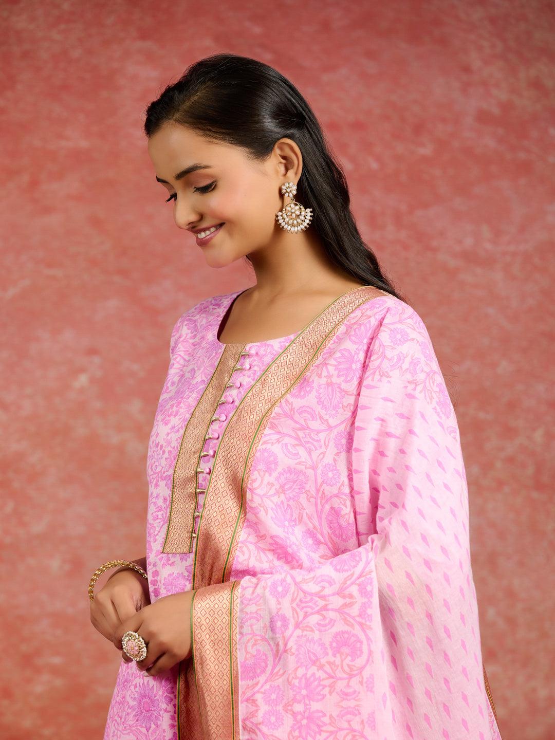 Pink Printed Cotton Straight Kurta With Trousers & Dupatta - Libas