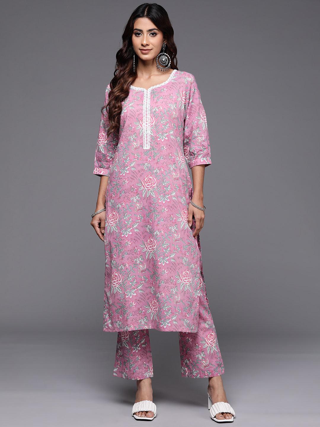 Pink Printed Cotton Straight Kurta With Trousers - Libas