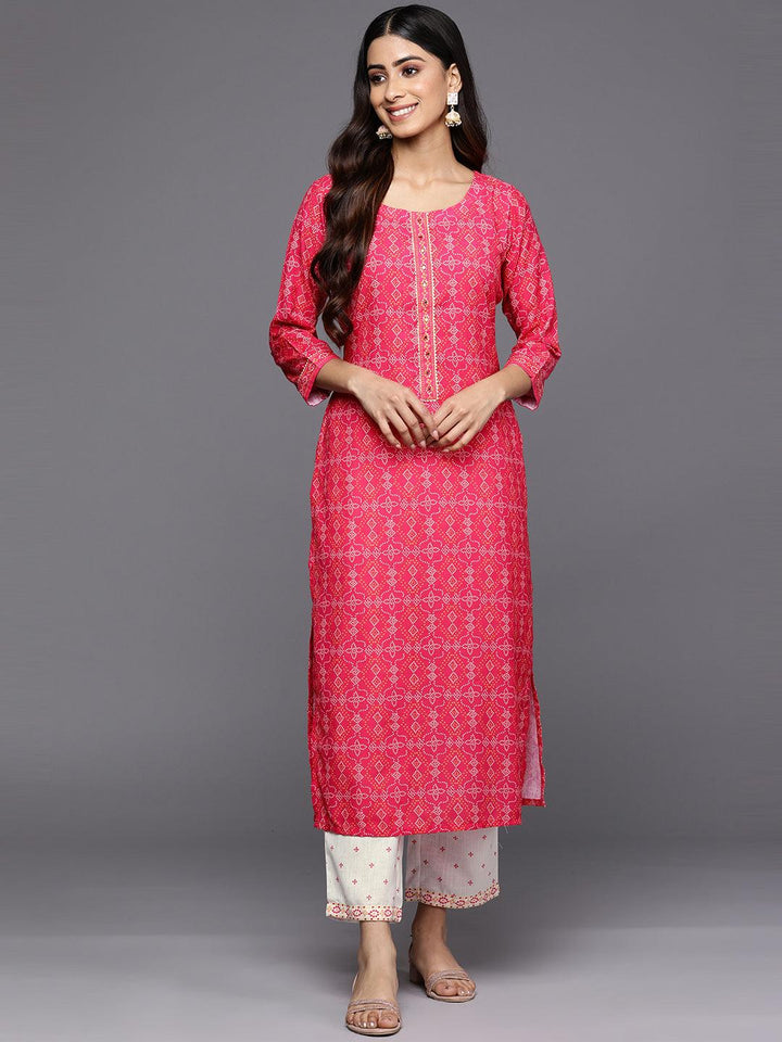 Pink Printed Cotton Straight Kurta Set With Trousers - Libas