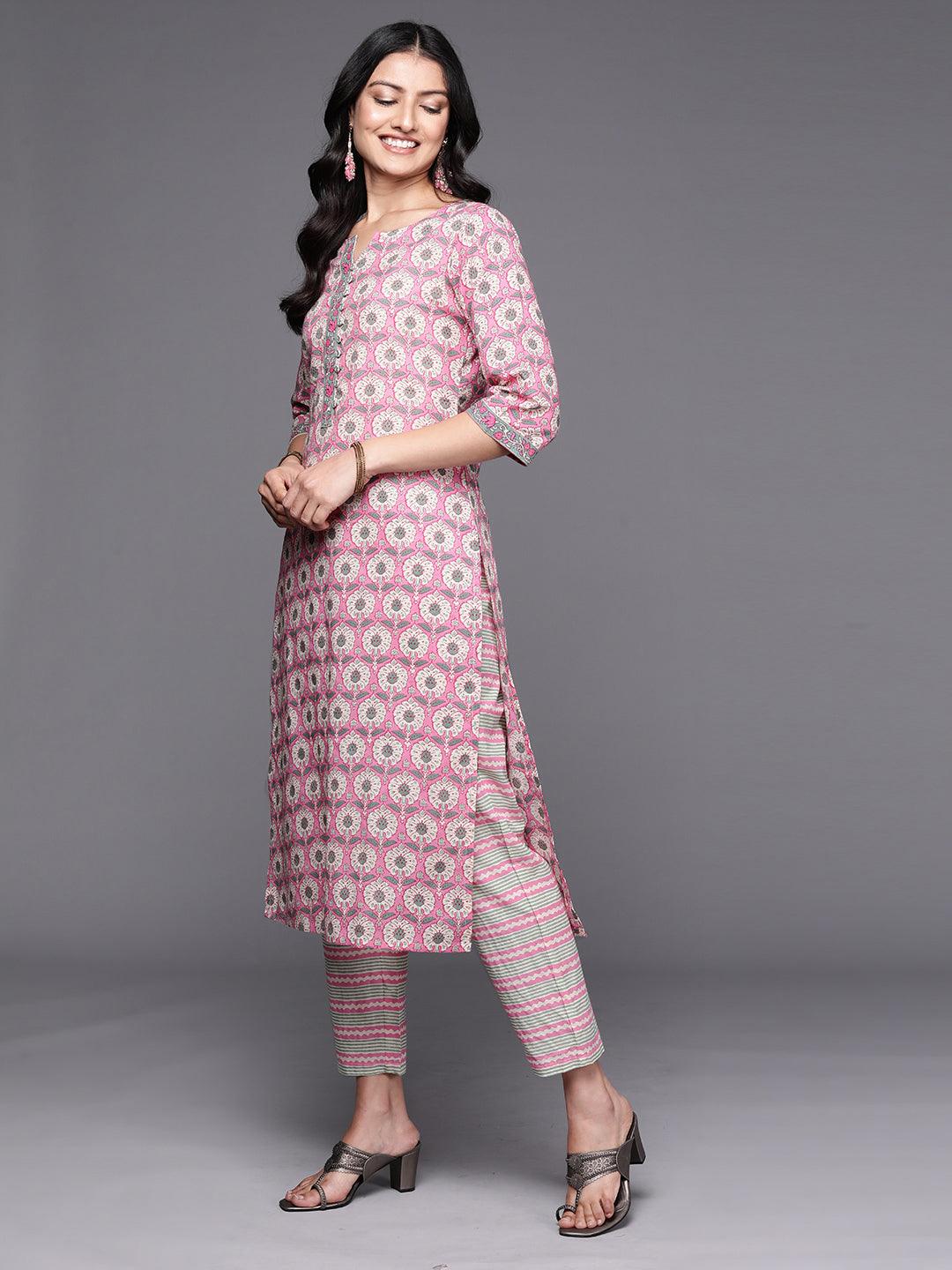 Pink Printed Cotton Straight Kurta With Trousers