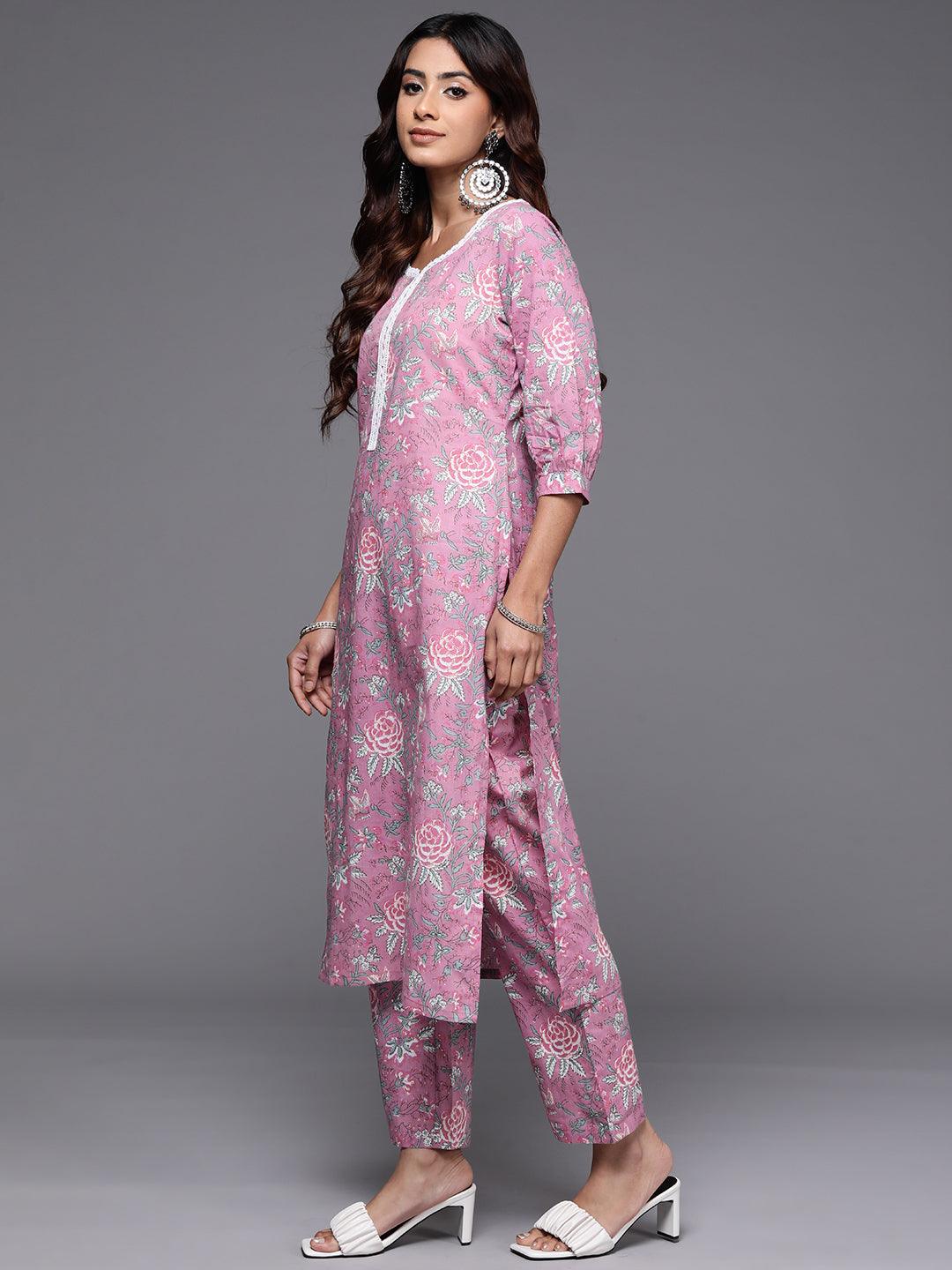 Pink Printed Cotton Straight Kurta With Trousers - Libas 