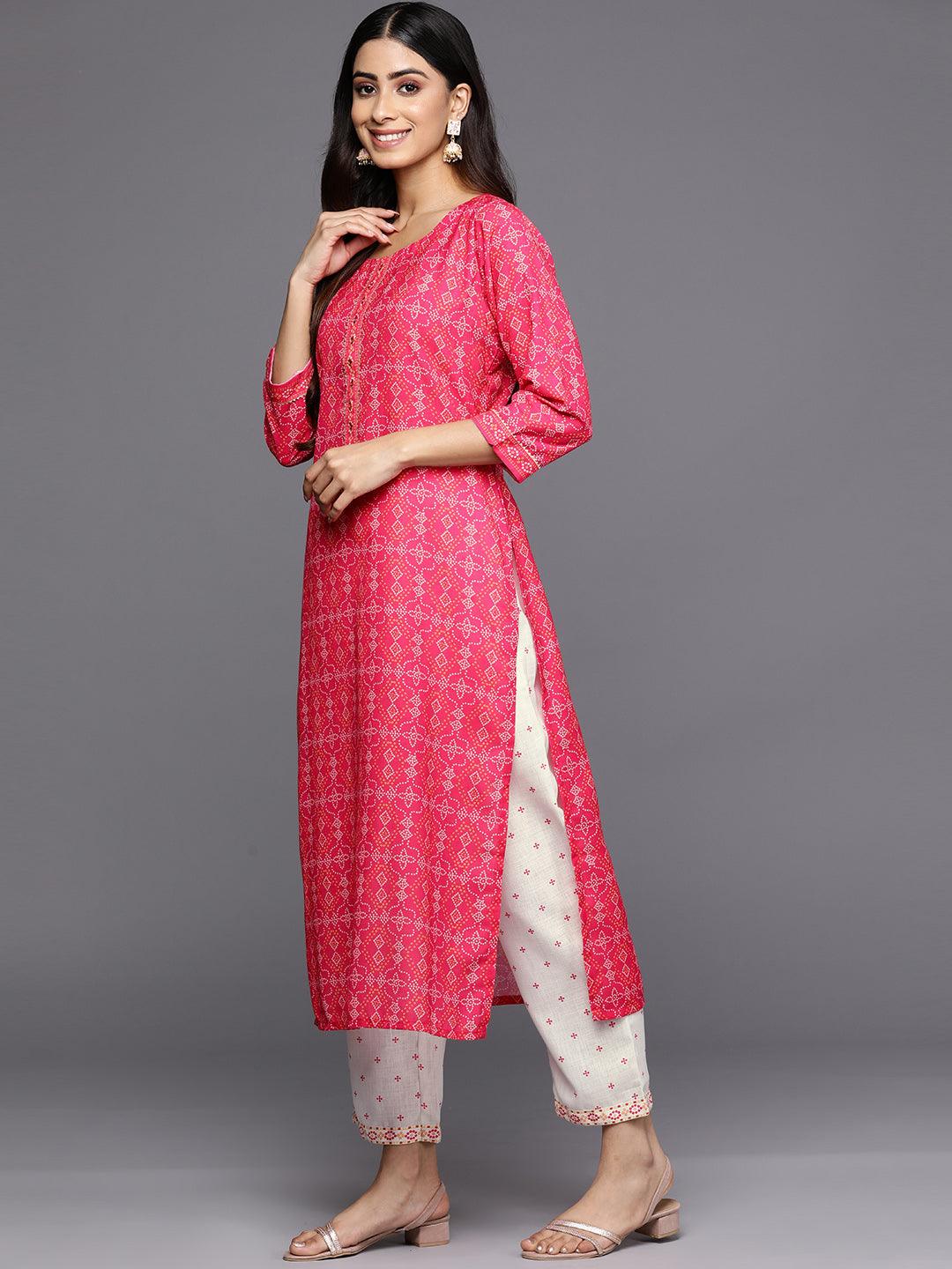 Pink Printed Cotton Straight Kurta Set With Trousers - Libas