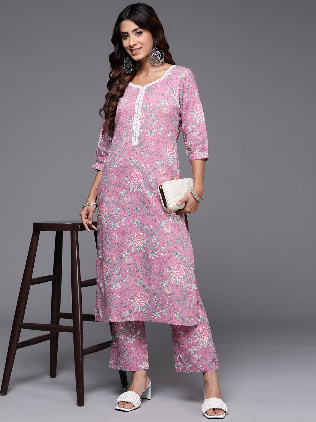 Pink Printed Cotton Straight Kurta With Trousers - Libas 