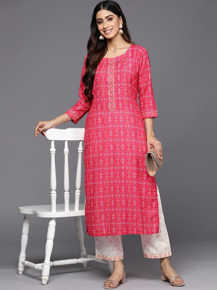 Pink Printed Cotton Straight Kurta Set With Trousers - Libas