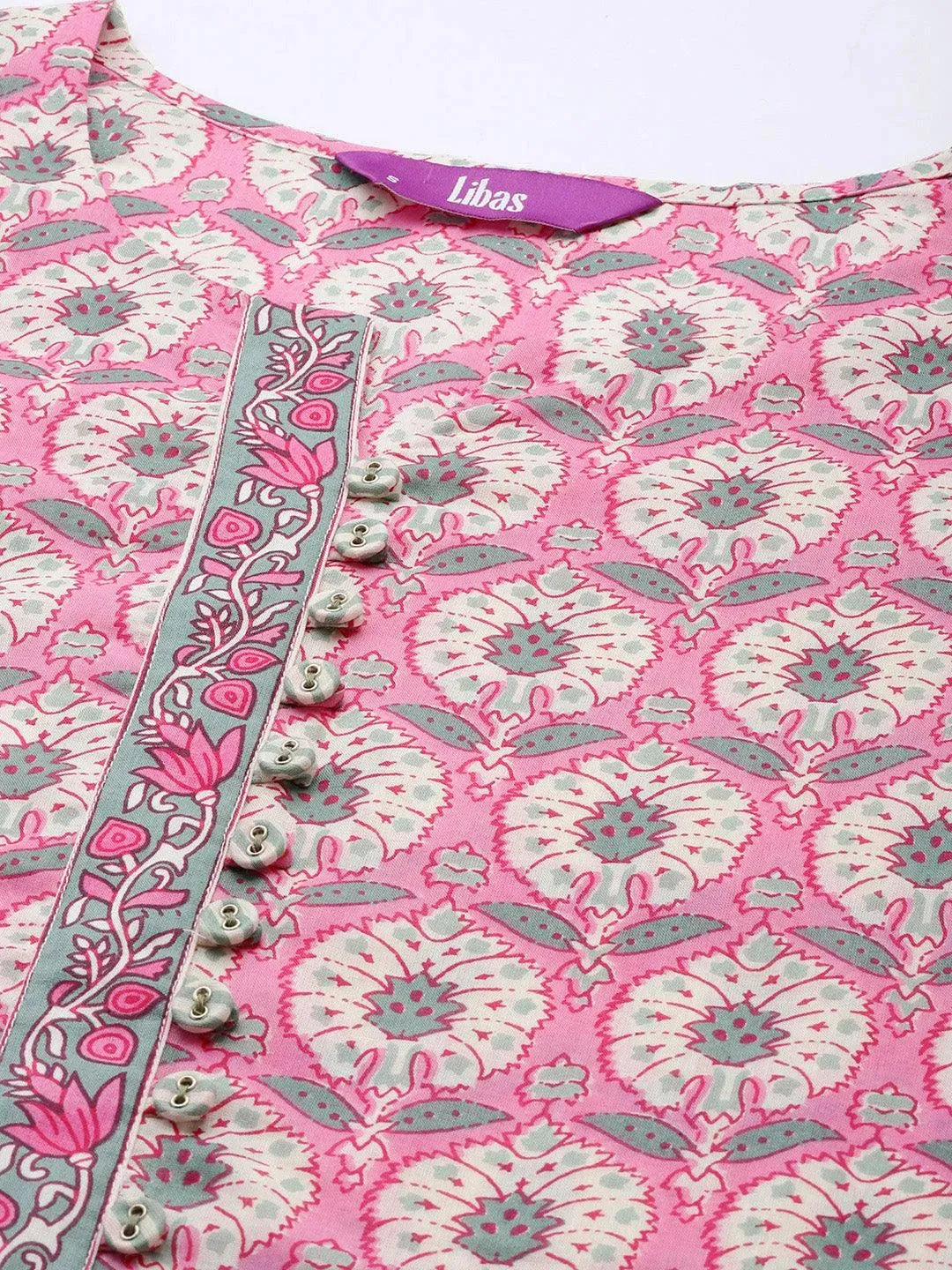 

Pink Printed Cotton Straight Kurta With Trousers