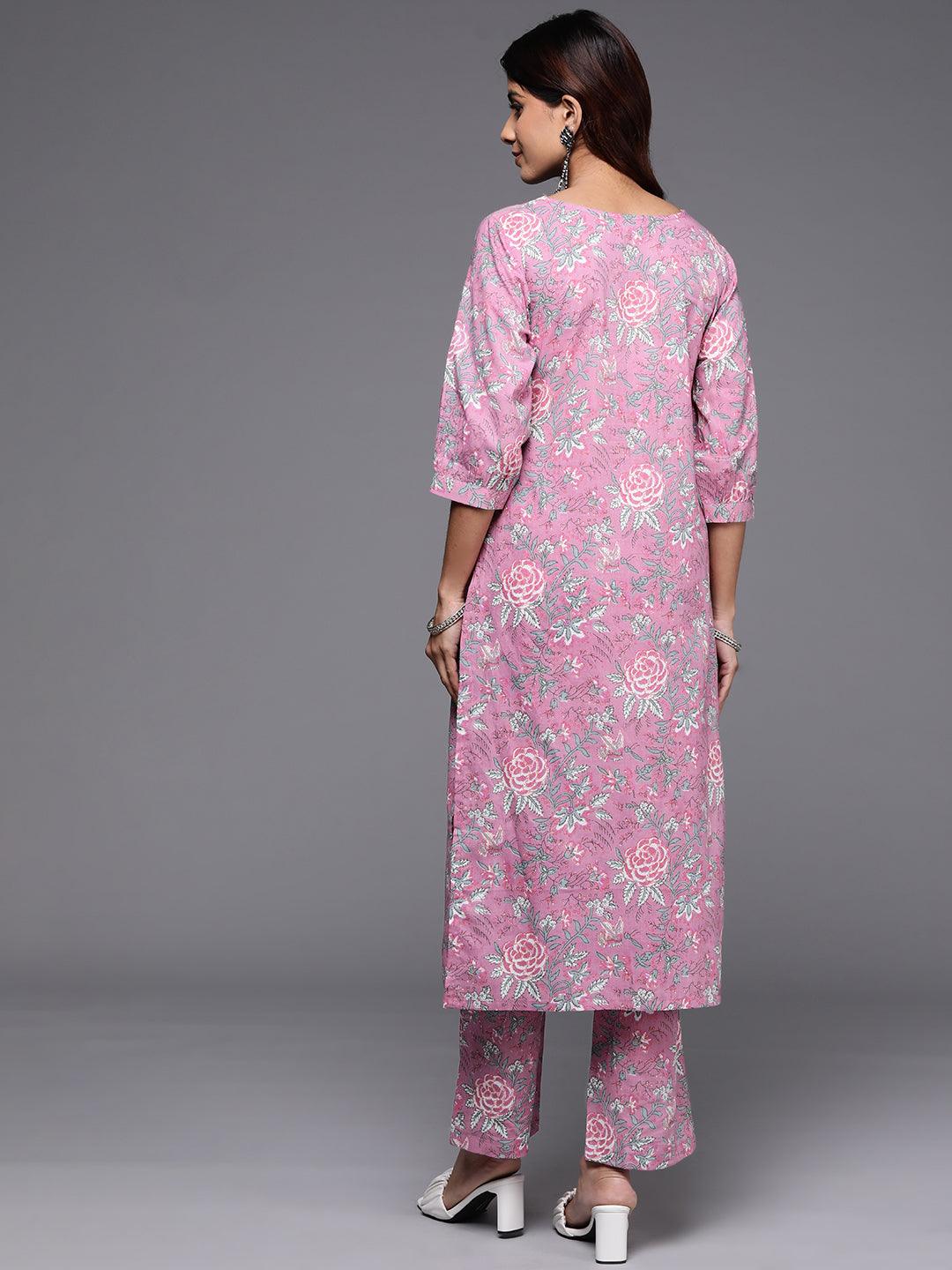 Pink Printed Cotton Straight Kurta With Trousers - Libas 