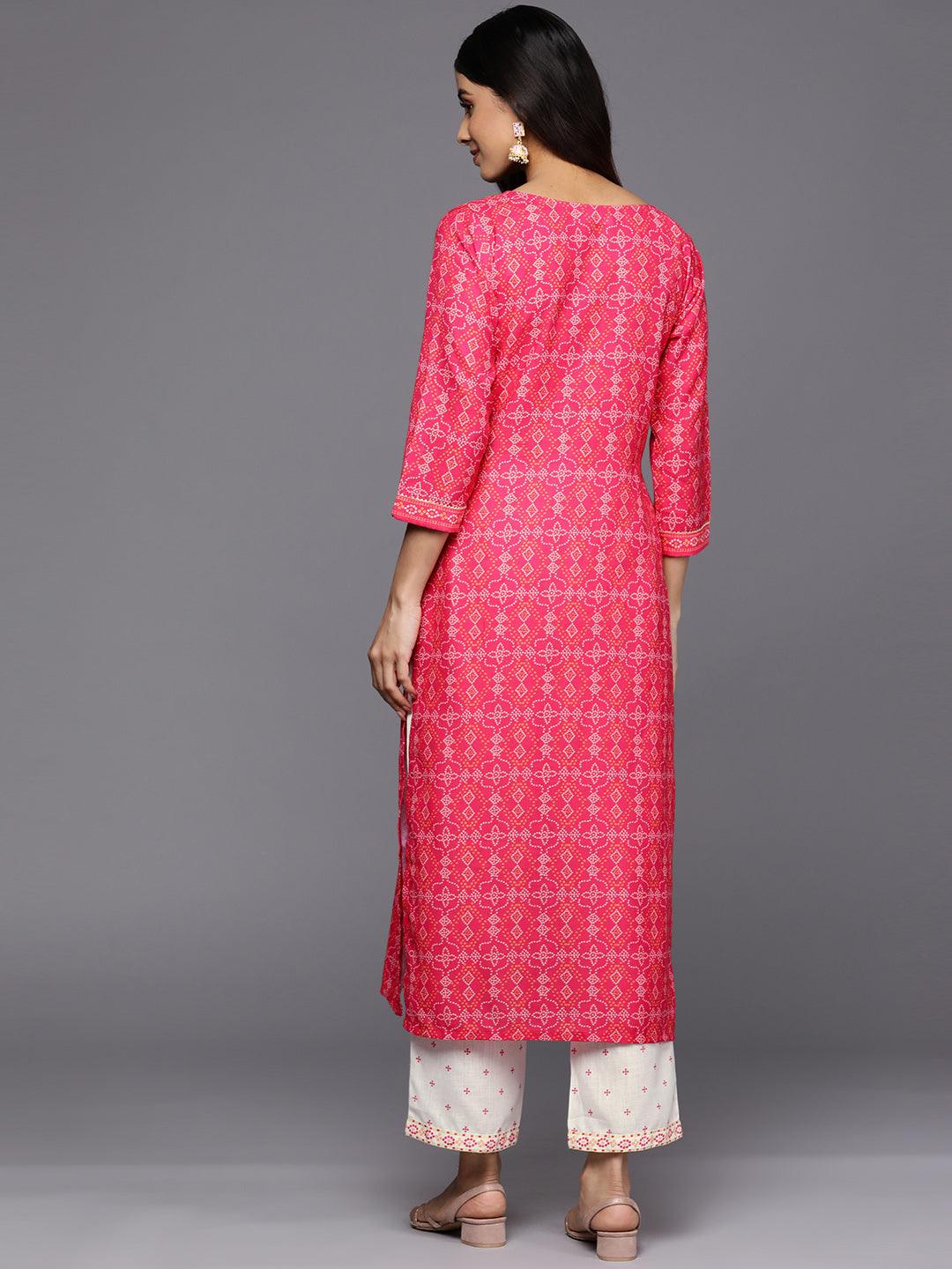 Pink Printed Cotton Straight Kurta Set With Trousers - Libas